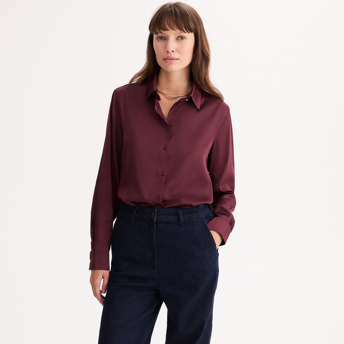 Chemise en satin, manches longues prune, ANNE WEYBURN