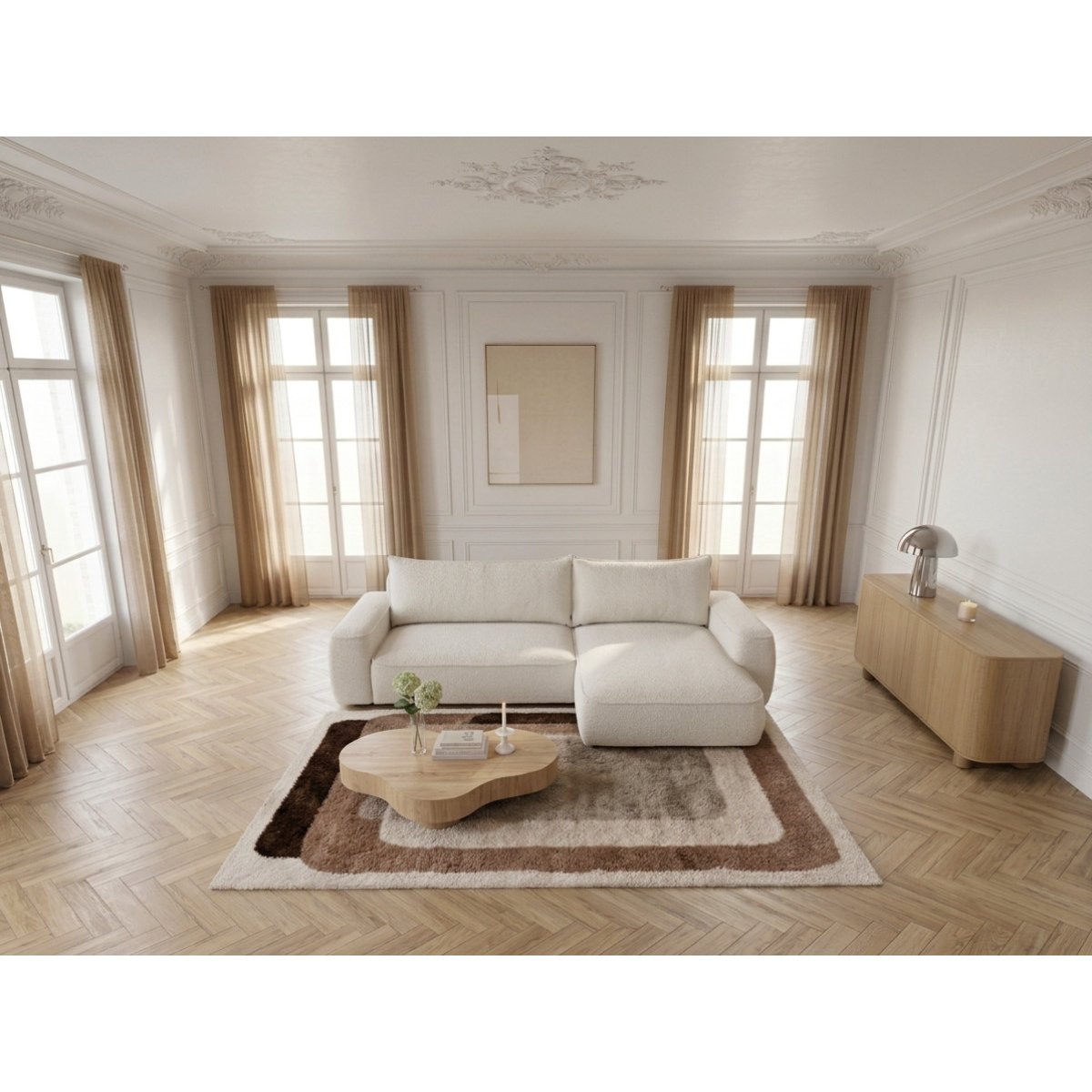 Canapé d'angle convertible 3 places en tissu chenille, HONORE blanc, BOBOCHIC