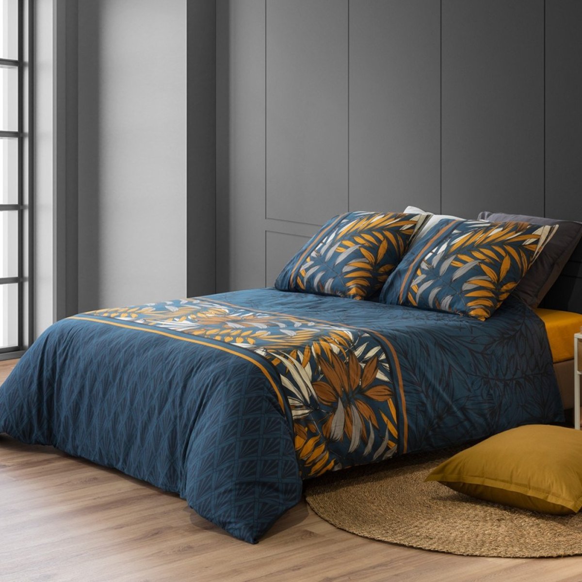 Housse de couette 240x220 SALVA + 2 taies coton 57 fils bleu, DECORATIE