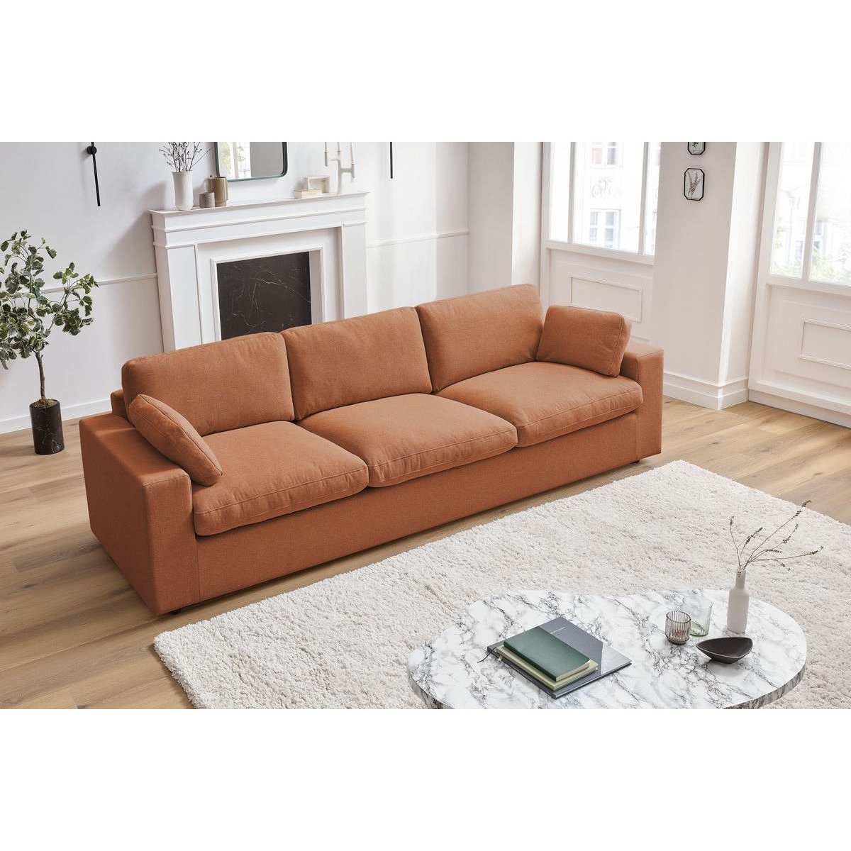 Canapé droit fixe 4 places en tissu, BELAIR orange, BOBOCHIC