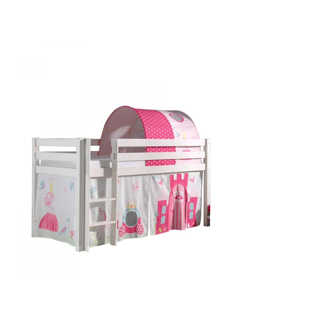 PINO Lit sureleve en pin massif avec sommier + rideau + tunnel de lit princess couleur unique, VIPACK