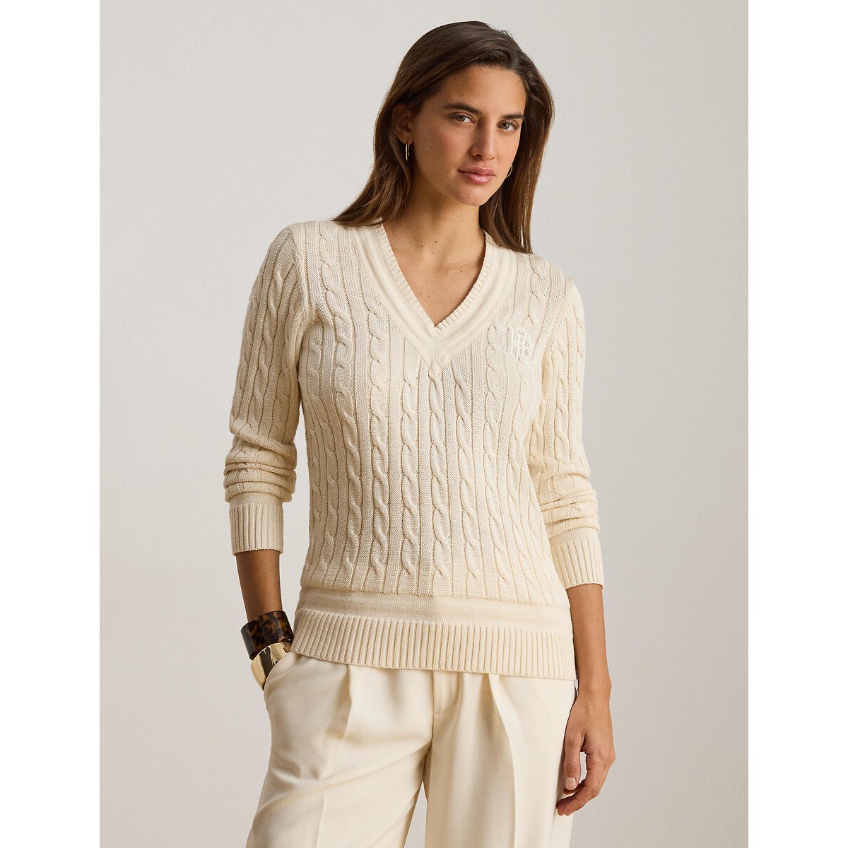 Pull col V torsadé manches longues crème, LAUREN RALPH LAUREN