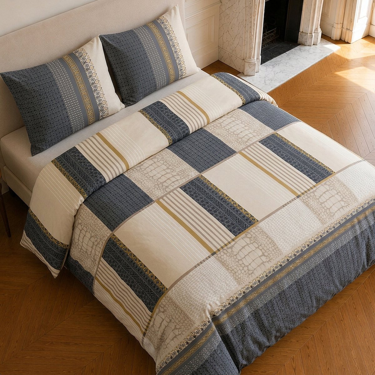 Parure de lit en coton motif géométrique, HELENE beige, C DESIGN HOME TEXTILE