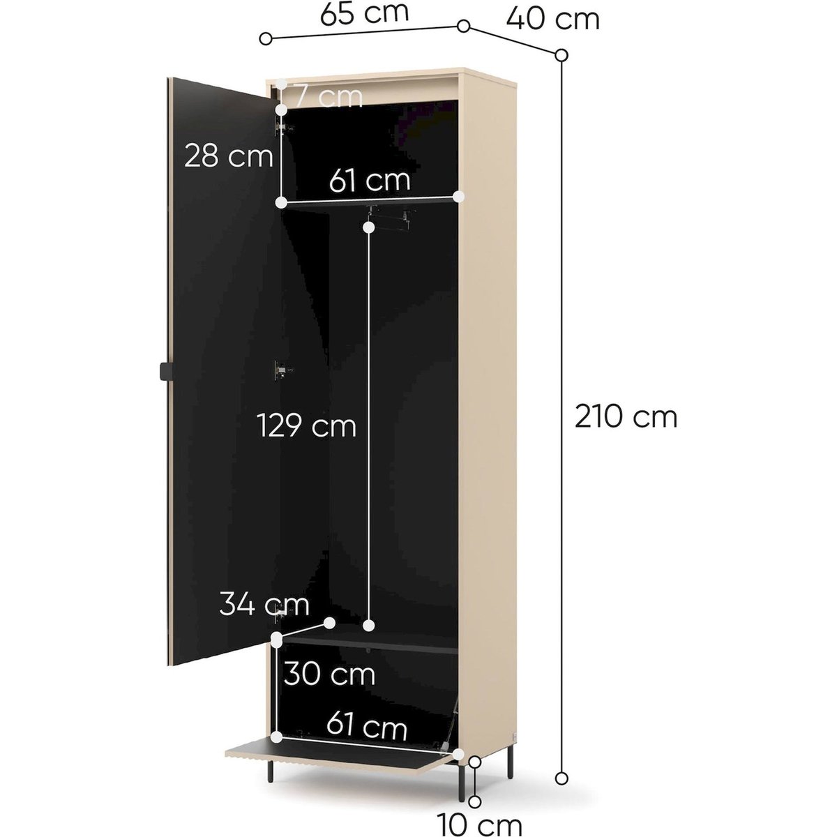 Armoire 1 porte avec miroir et LED, Collection TRE beige sable et noir, RECOLLECTION