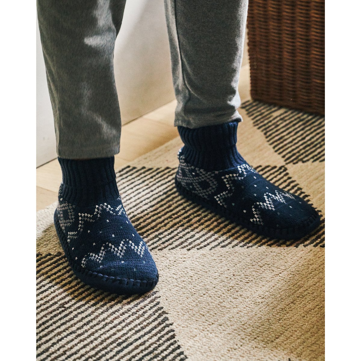 Chaussettes d'intérieur maille jacquard, picots antidérapants bleu, ISOTONER