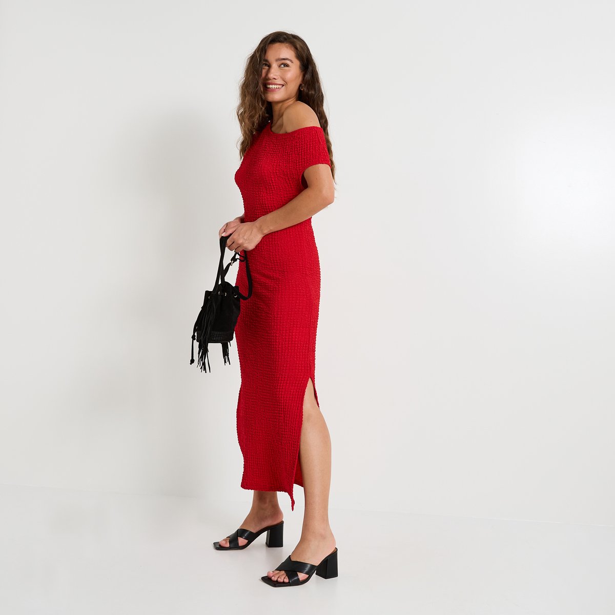 Robe longue en maille gaufrée orange rouge, GRAIN DE MALICE