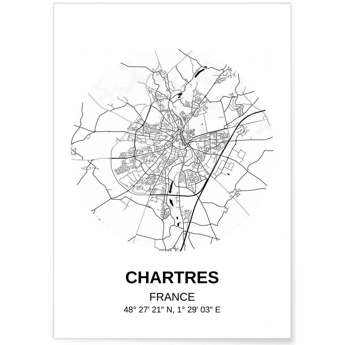 Affiche Carte Chartres blanc, L'AFFICHERIE
