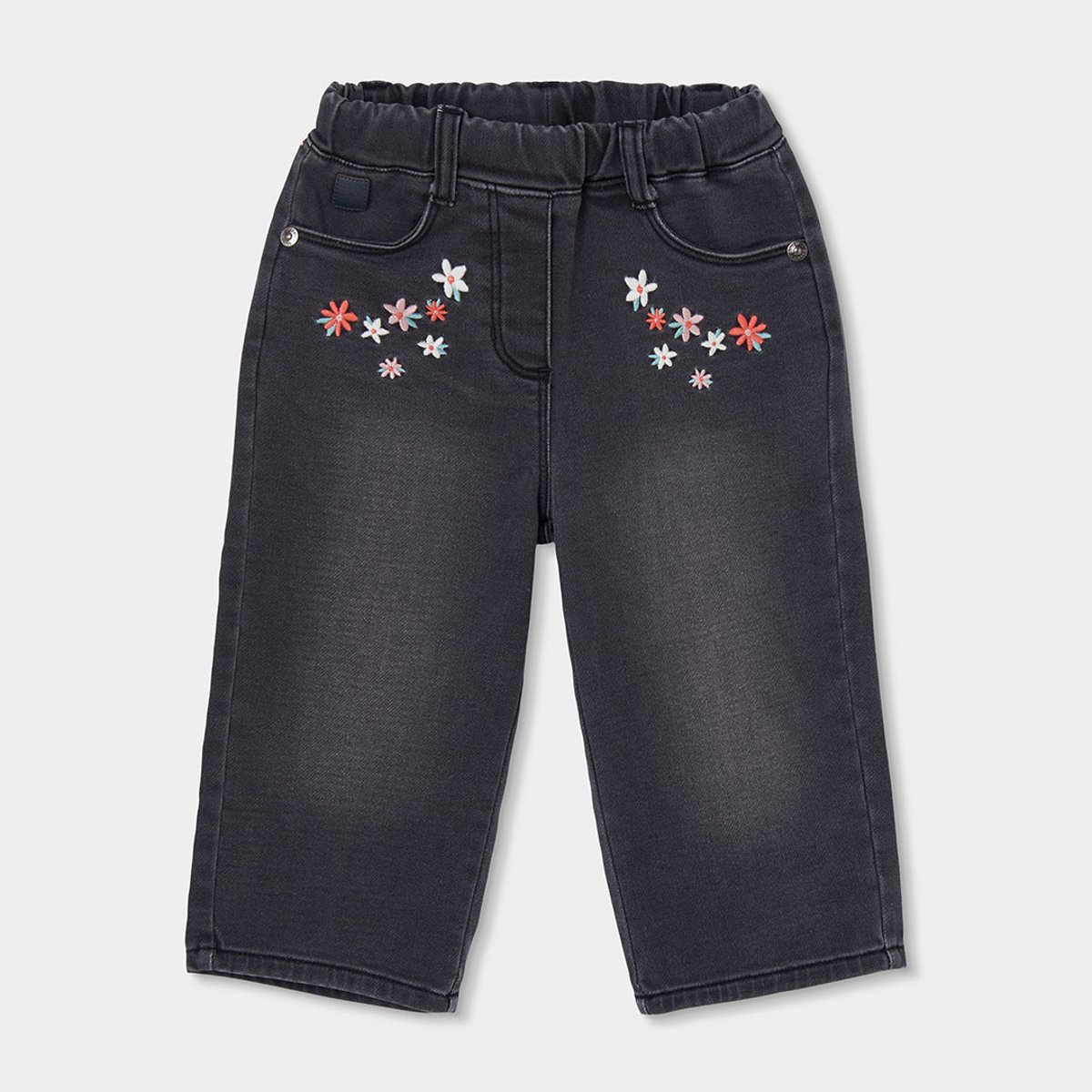 Pantalon denim fille brodé de fleurs noir, BOBOLI
