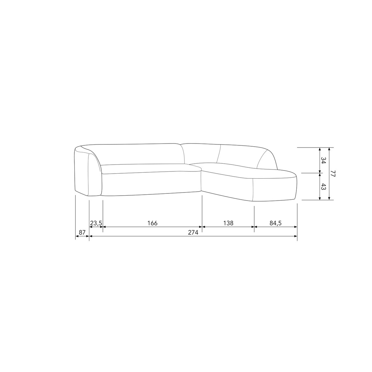 Canapé d'angle droit tissu SLOPING naturel mélangé, WOOOD