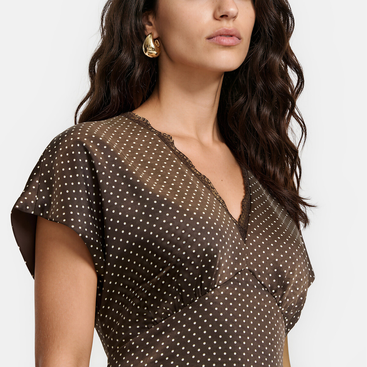 Langes, gepunktetes Satinkleid mit kurzen Ärmeln imprimé pois marron/écru, LA REDOUTE COLLECTIONS