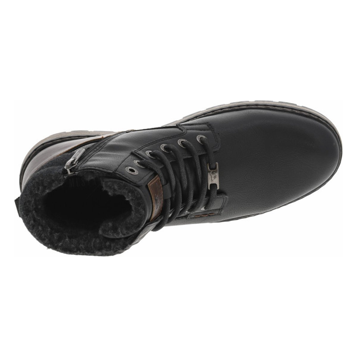Bottines noires à talon plat pourvues d'une fermeture zippée et de lacets noires, MUSTANG