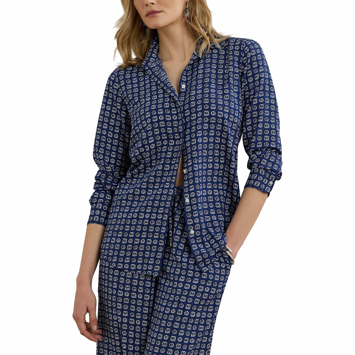 Chemise à manches longues, en crêpe imprimé  bleu/blanc, LAUREN RALPH LAUREN