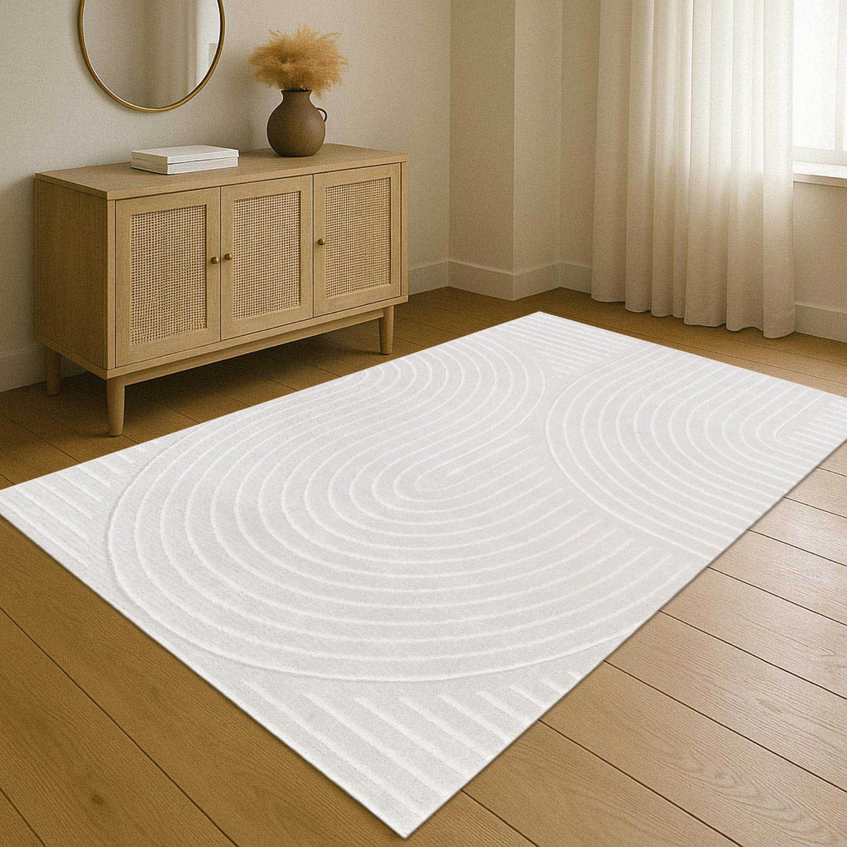 Tapis doux à relief abstrait géométrique  LUNE courbes blanches, THE DECO FACTORY