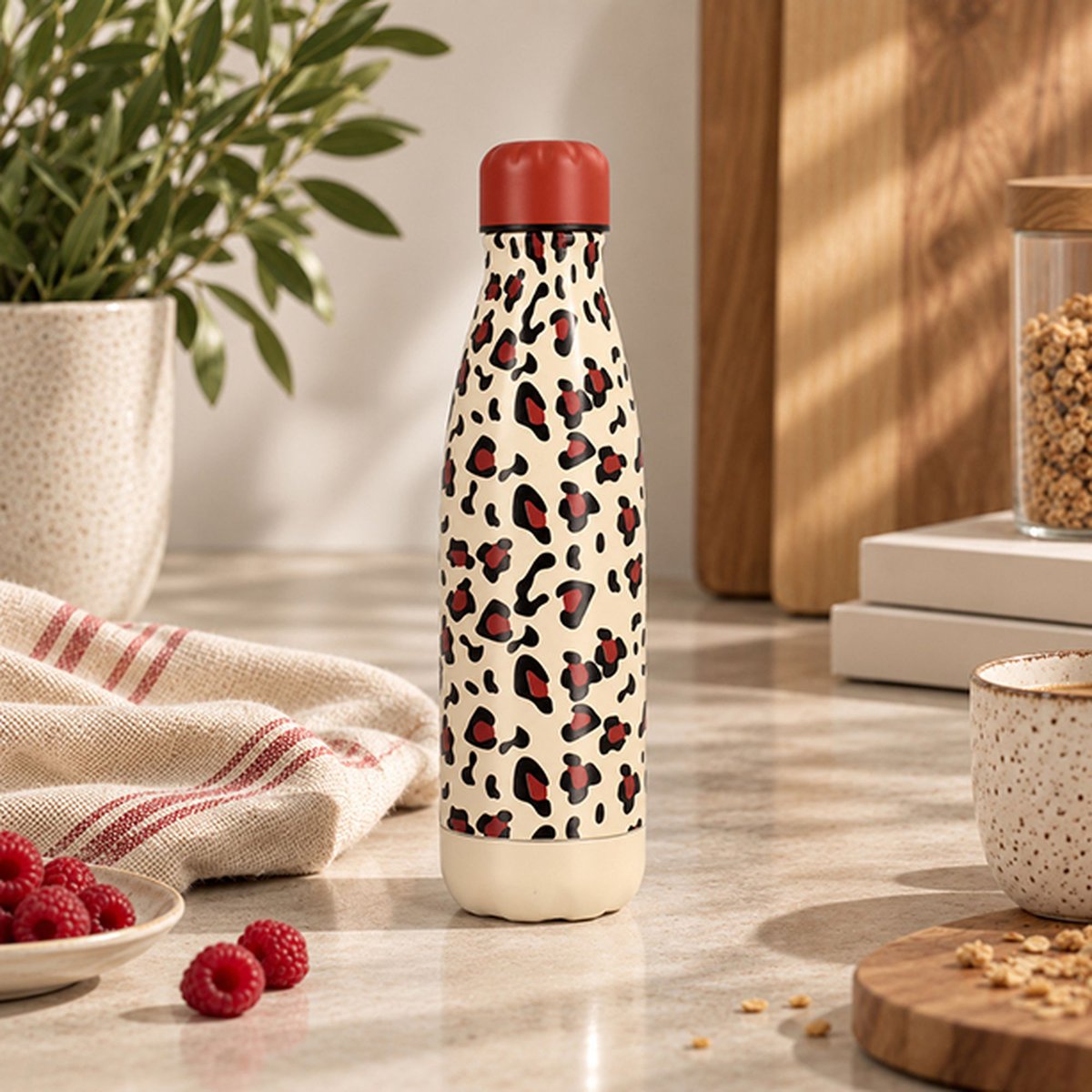 Bouteille 500ml en acier inoxydable, LEOPARD terracotta, NOVASTYL