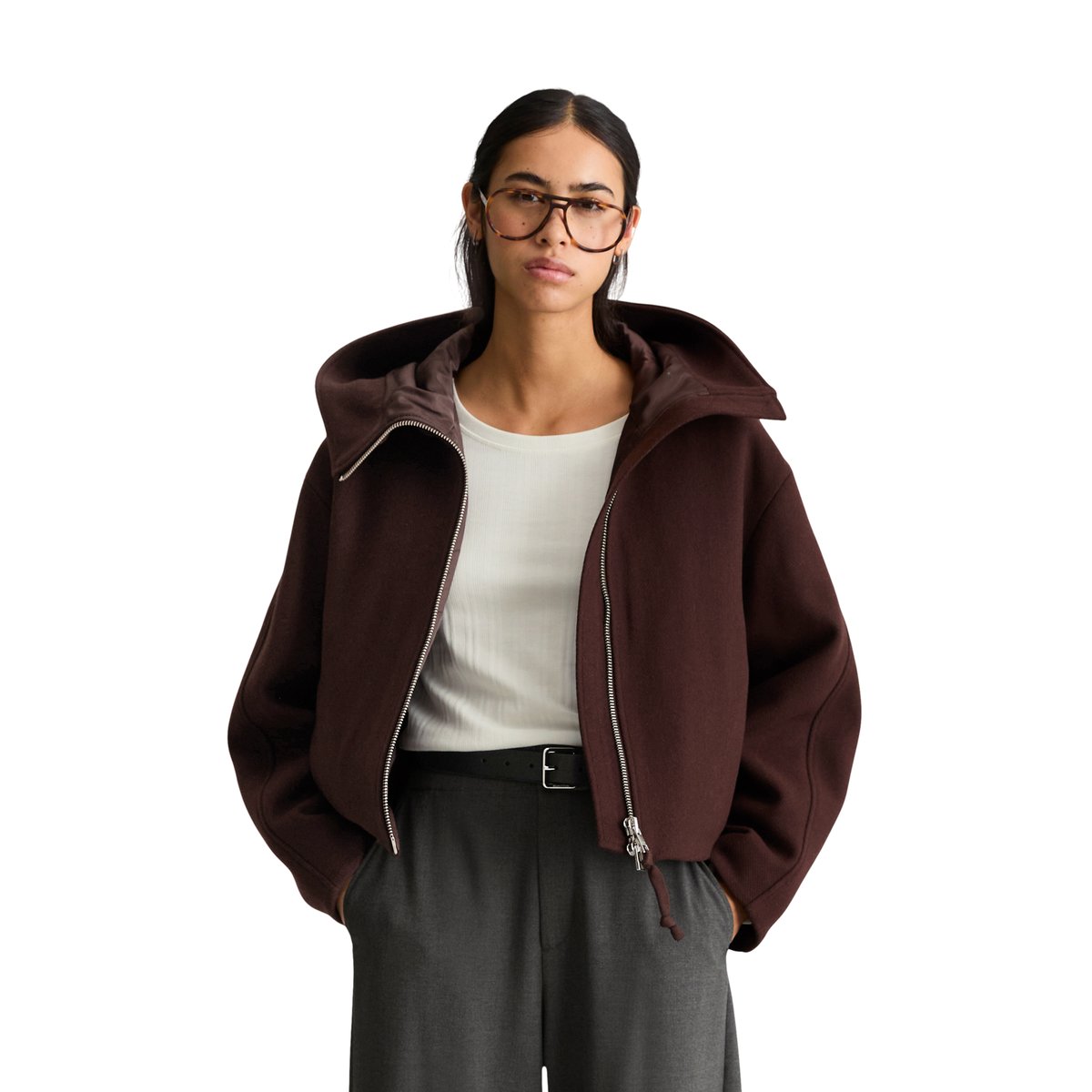 Veste à capuche coupe classique en mélange de laine marron, MARC O’POLO DENIM