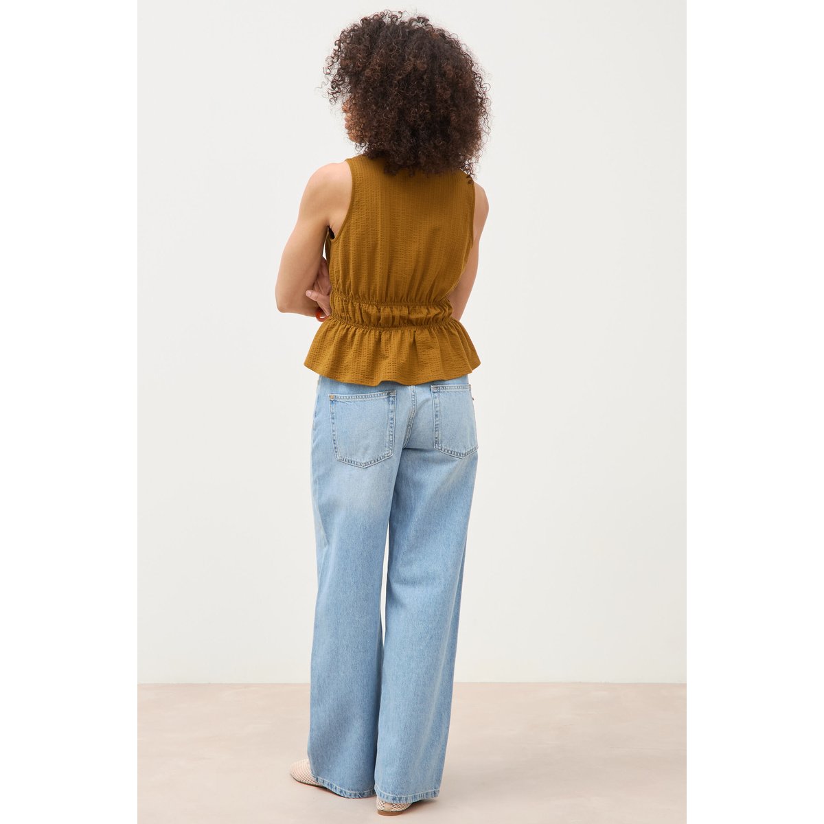 Débardeur col v nœuds en coton vert olive, BONOBO