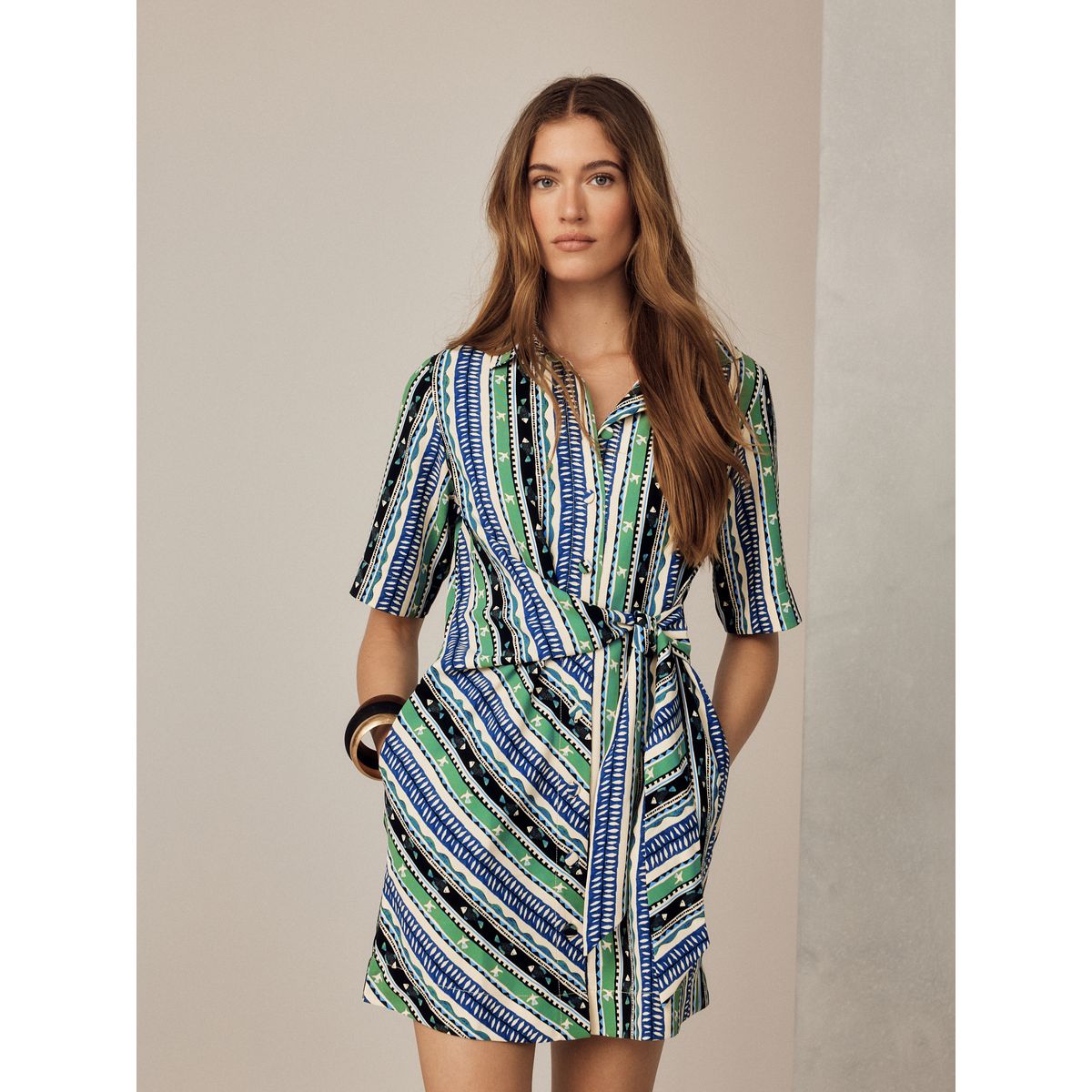 Robe chemise courte à manches longues imprimé poisson bleu, NEXT
