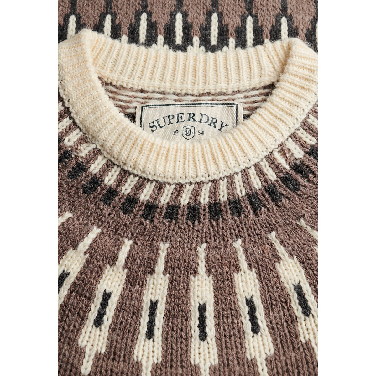 Pull Col Rond Fairisle ecru chiné, SUPERDRY