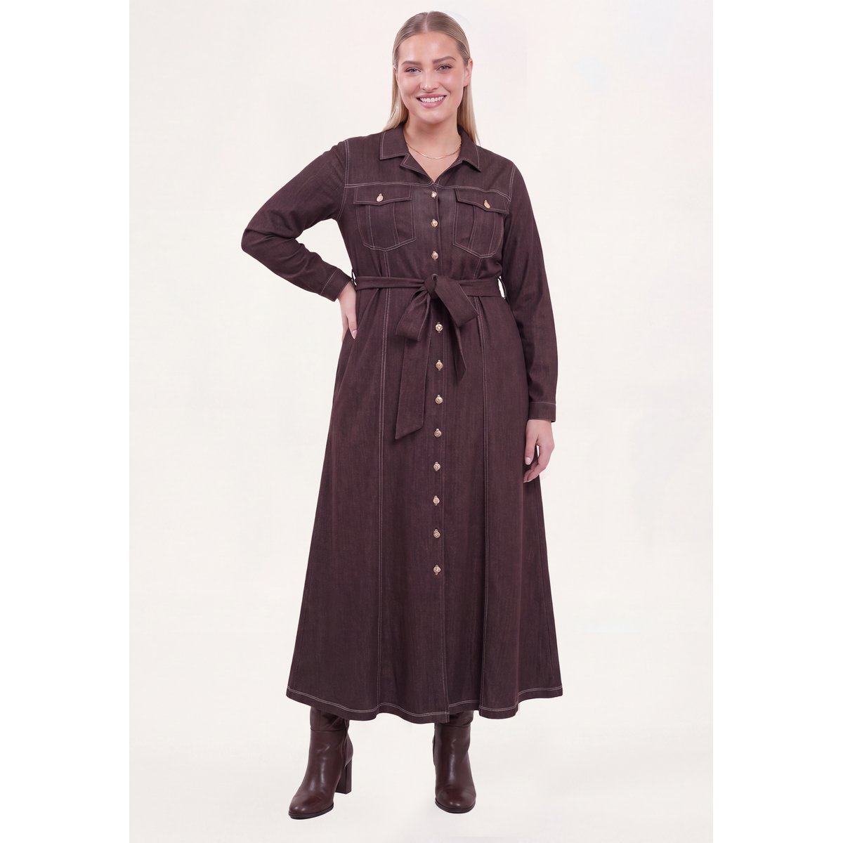 Robe avec manches longues marron, YOEK