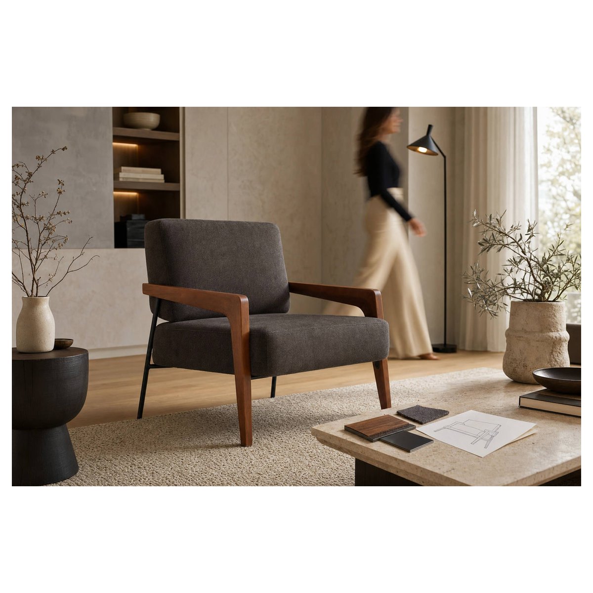 Fauteuil vintage en tissu et bois de hêtre noyer, noir et gris foncé, RECOLLECTION