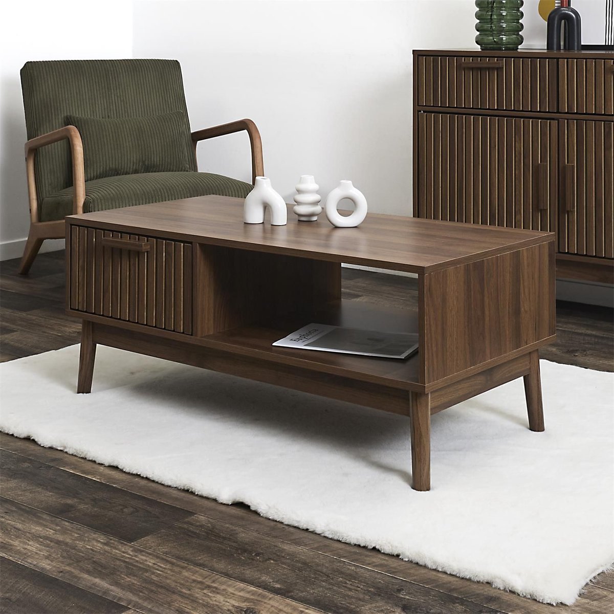 Table basse 1 tiroir et 1 niche effet bois foncé SAULK marron, THE HOME DECO FACTORY