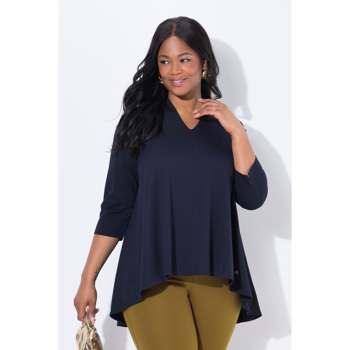 T-shirt col calice et manches 3/4 marine foncé, ULLA POPKEN