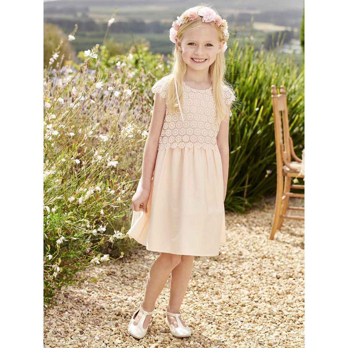 Robe de cérémonie effet 2 en 1 superposition en macramé rose nude, VERTBAUDET