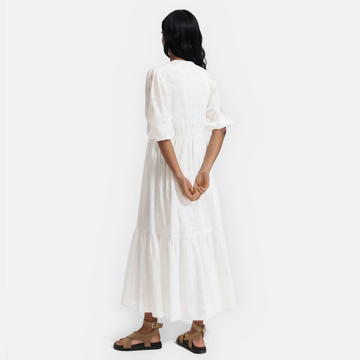 Robe longue en broderie anglaise col V blanc, LA REDOUTE COLLECTIONS
