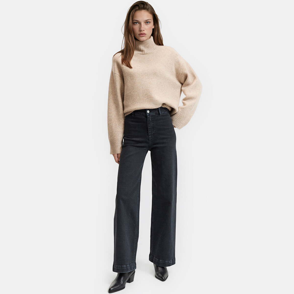 Wollen trui met hoge hals, grof gebreid mêleebeige, LA REDOUTE COLLECTIONS