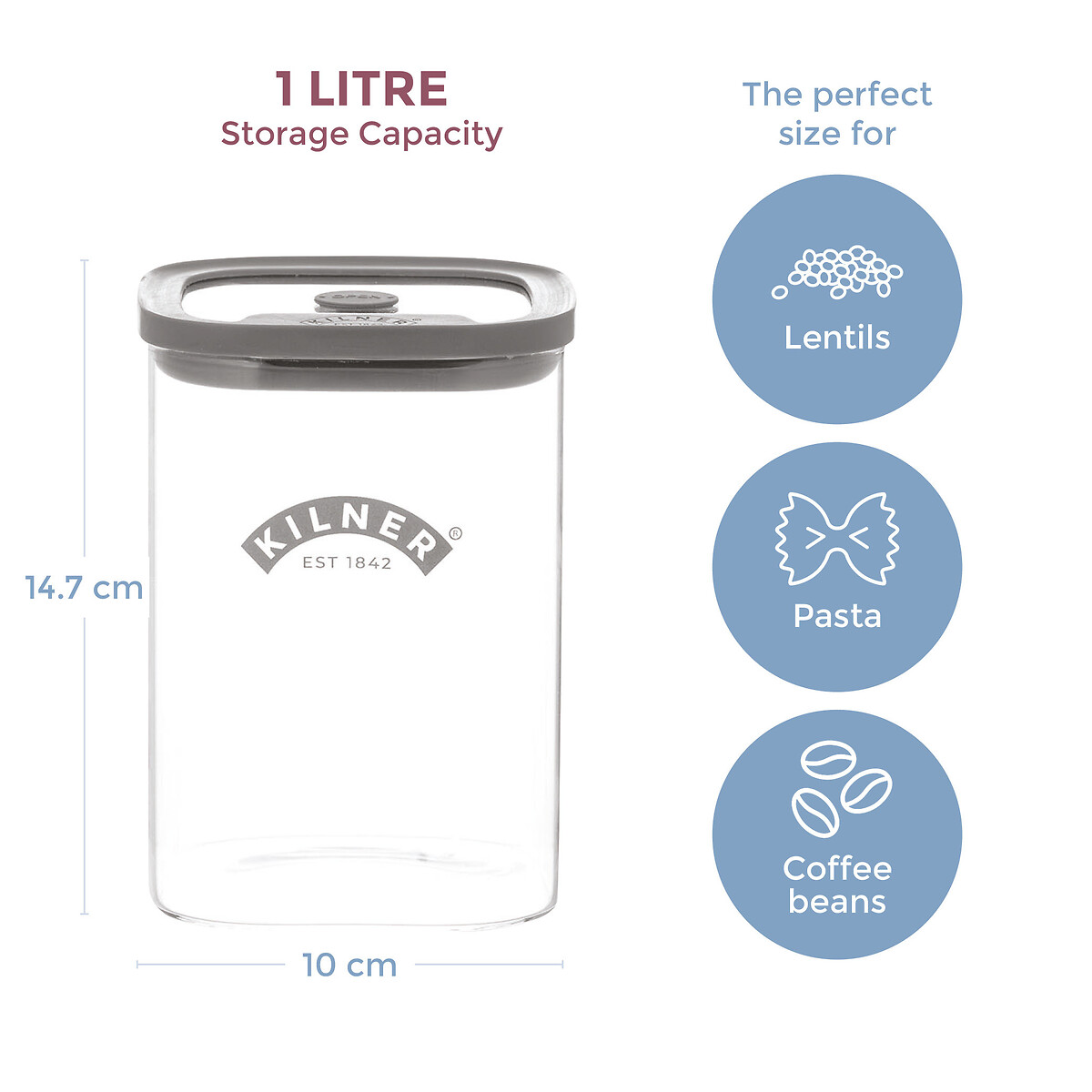 Set of 2 Fresh Storage 1L Square Jars transparent, KILNER