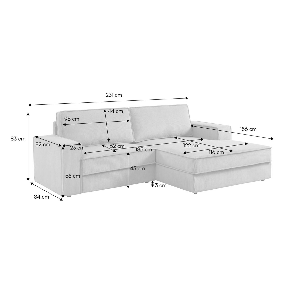 Canapé d'angle droit velours côtelé 3 places CHILL crème, SWEEEK