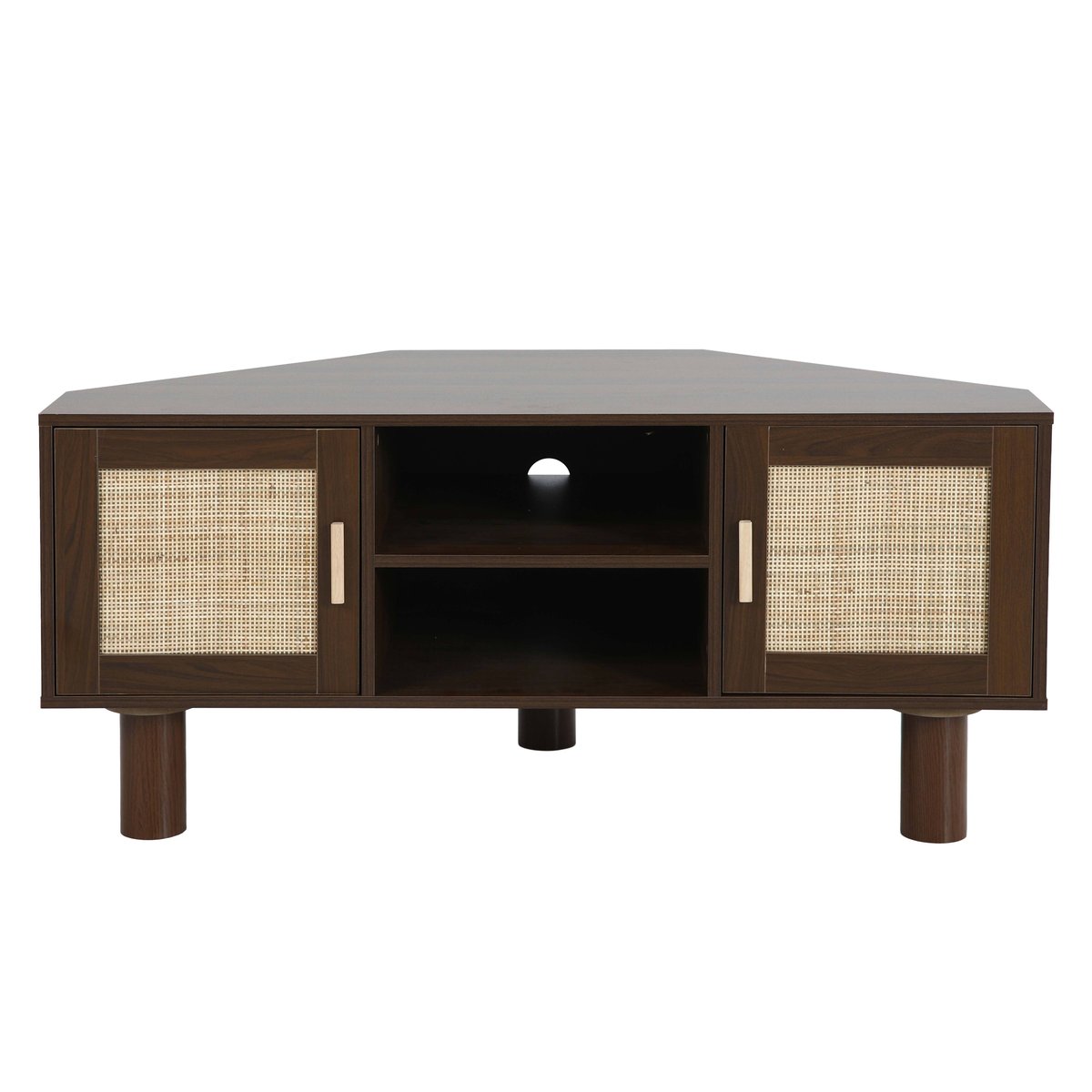Meuble TV d'angle effet bois et cannage 120 cm en rotin synthétique style bohème, ADAM bois foncé, OVIALA
