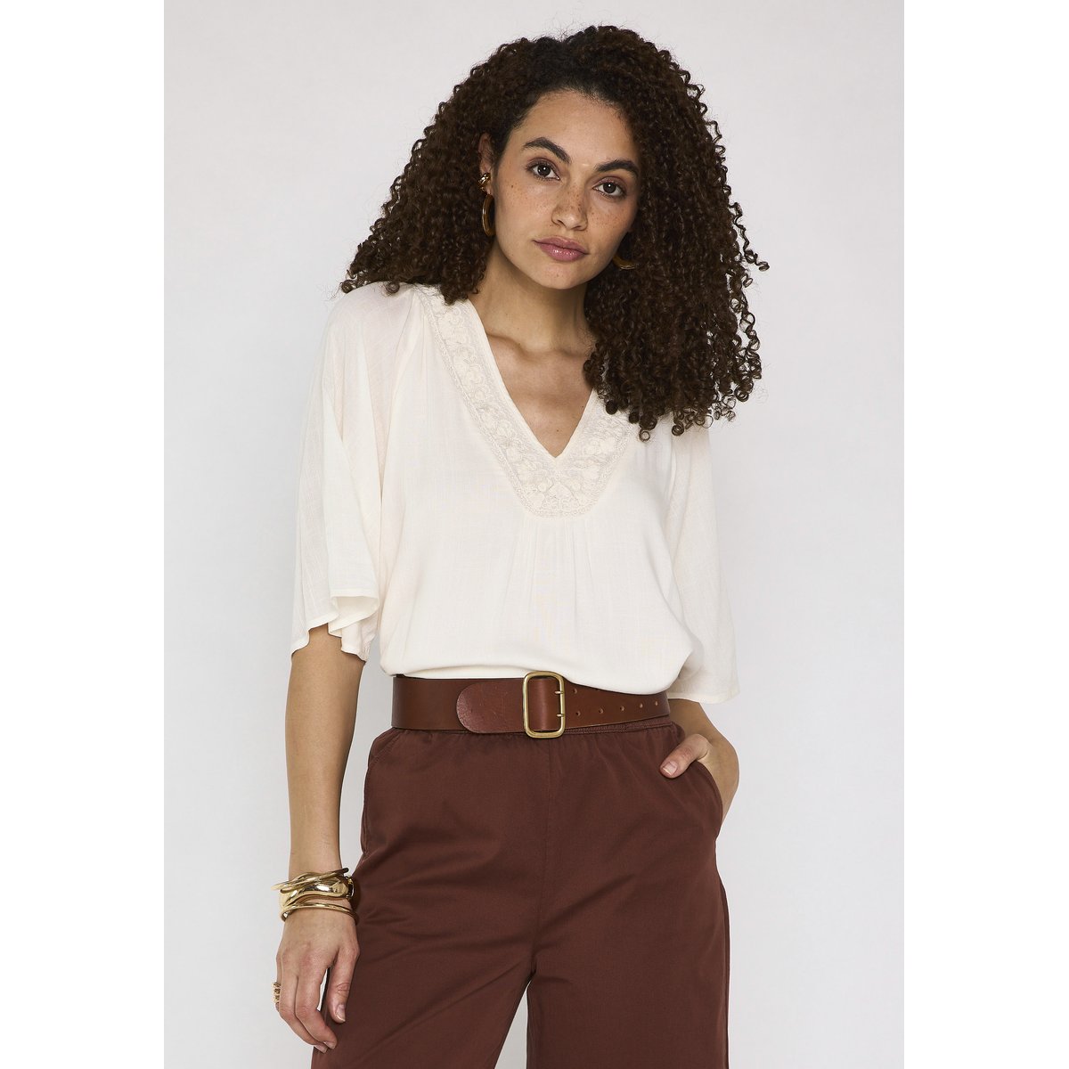 Blouse brodée à manches 3/4 DEBORAH creme, Maison 123