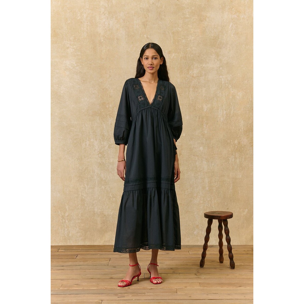 Robe longue à manches 3/4 brodée, BALI noir, LOUISE MISHA
