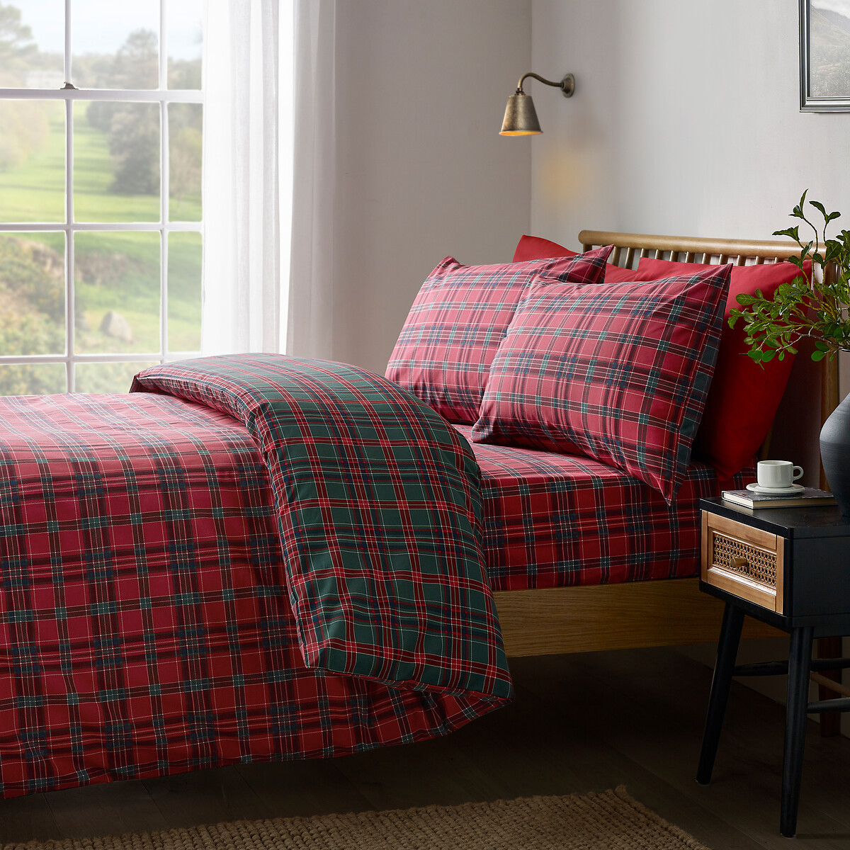 Tartan Check Reversible Duvet Cover and Pillowcase Set red/green, CATHERINE LANSFIELD