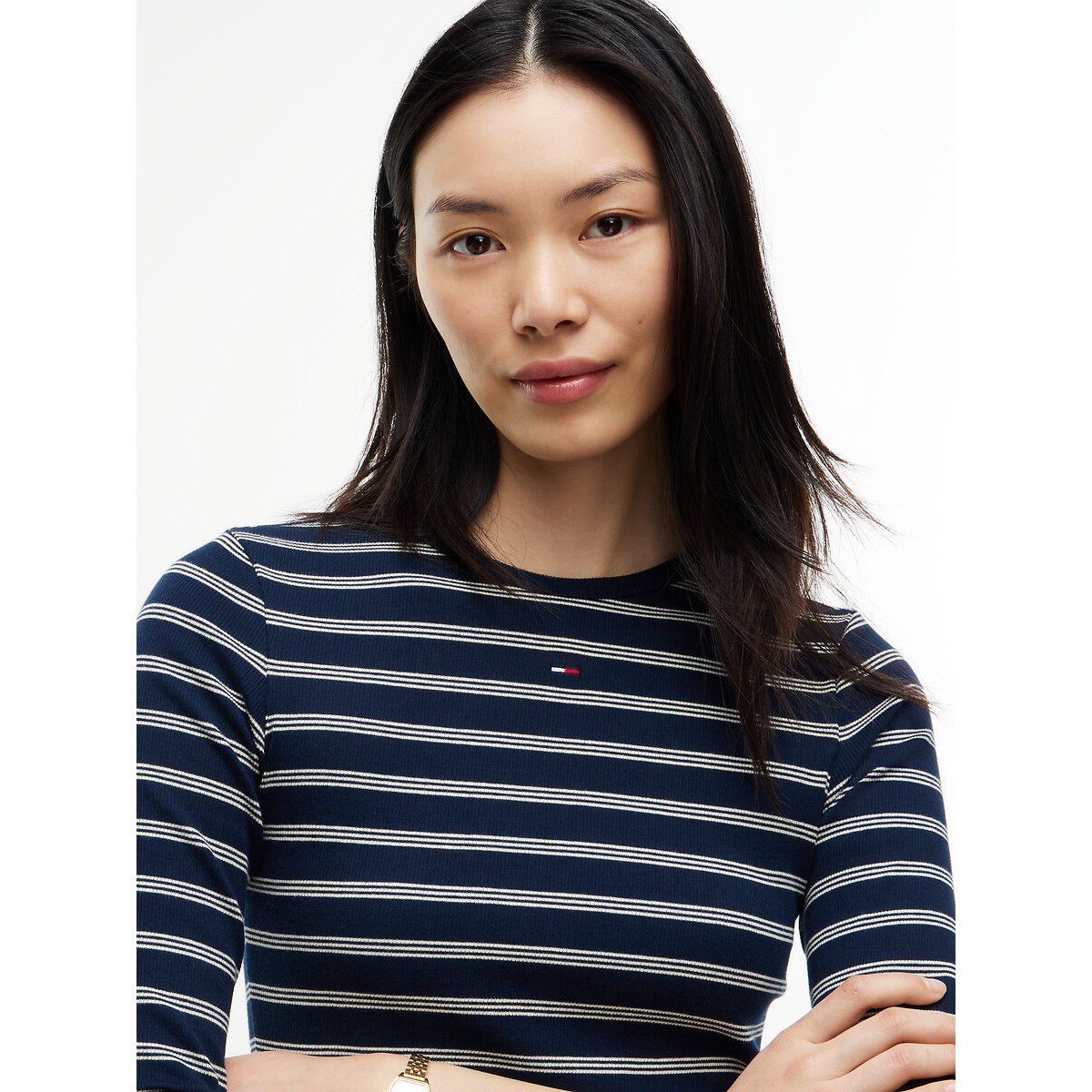 Tshirt col rond rayé manches longues rayé marine/écru, TOMMY JEANS