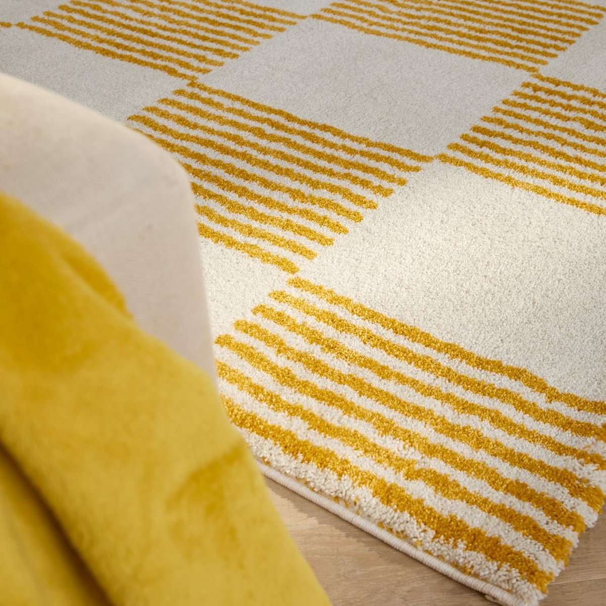 Tapis d'intérieur vintage à damier rayure GROOVY jaune, NAZAR RUGS