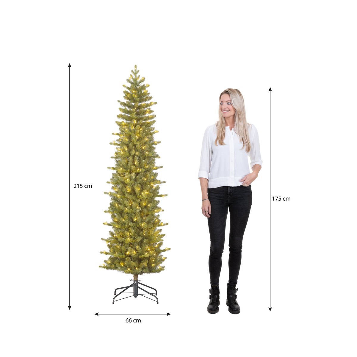 Sapin de Noël artificiel étroit et enneigé avec LED H215 cm HARMA vert, BLACK BOX TREES