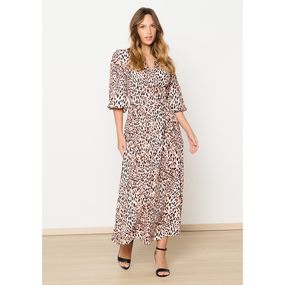 Robe cache-coeur à imprimé léopard lt beige, LOLALIZA
