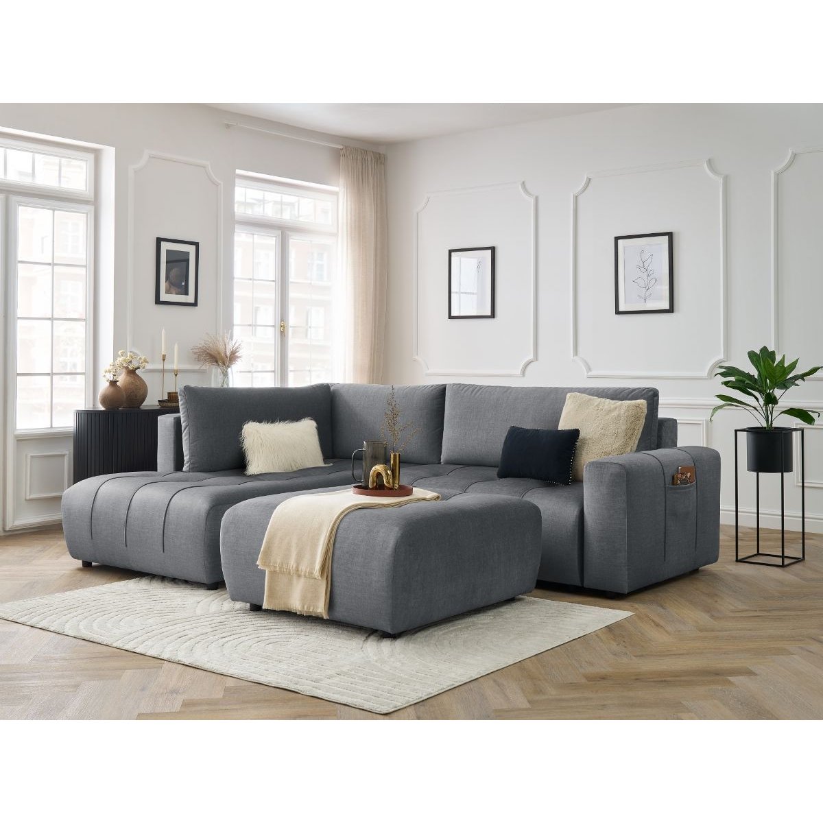 Canapé d'angle convertible 4 places en velours avec pouf, ARSENE gris foncé, BOBOCHIC
