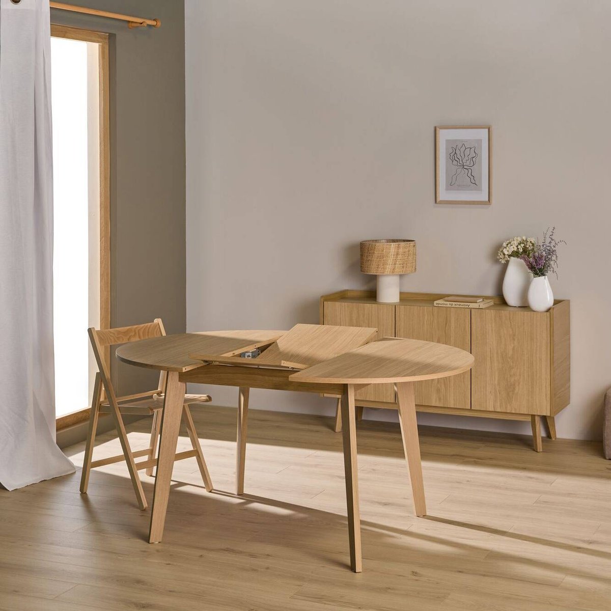 Table à manger ronde extensible bois 4 à 6 personnes Agatha bois clair, CAMIF