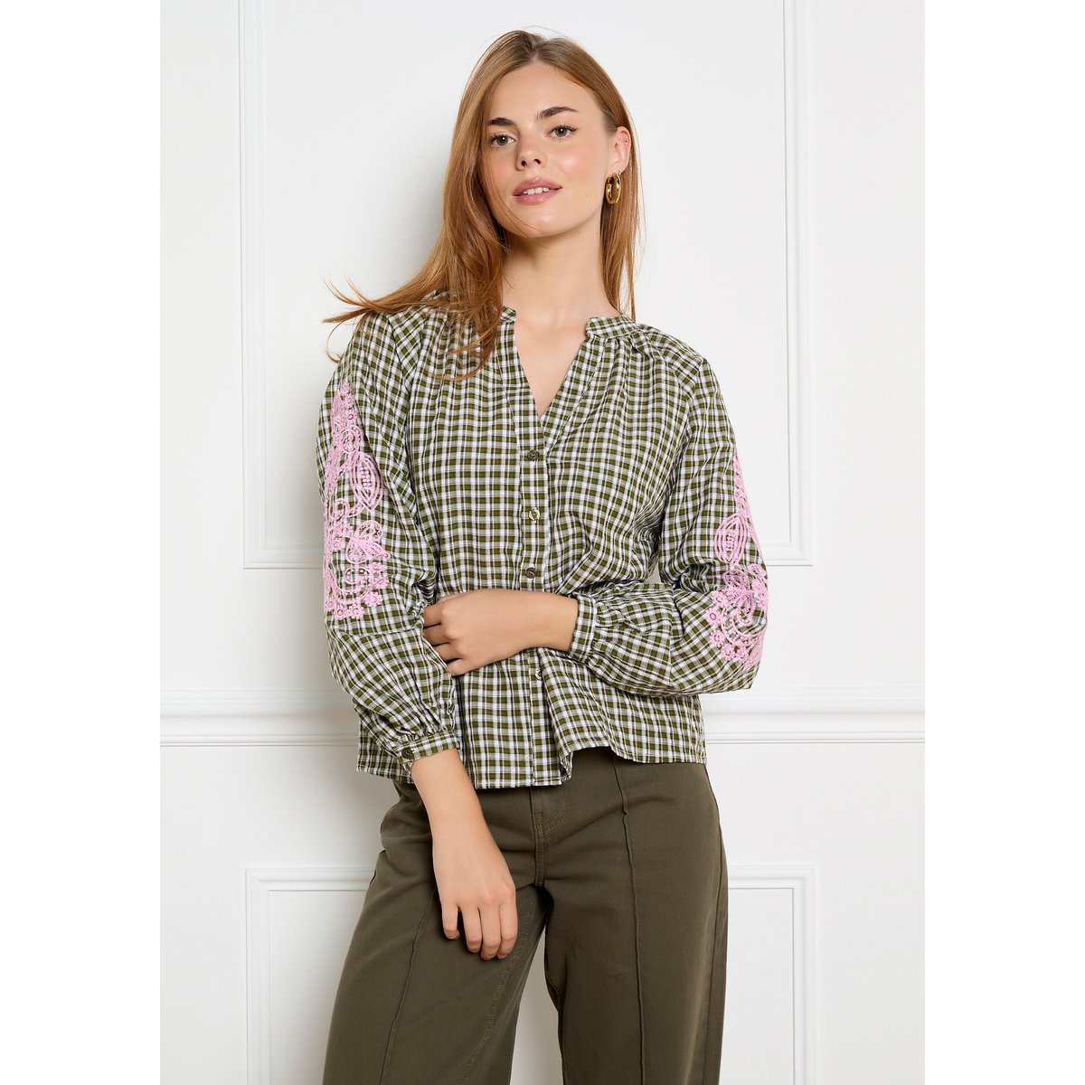 Chemise à carreaux brodée khaki, LOLALIZA