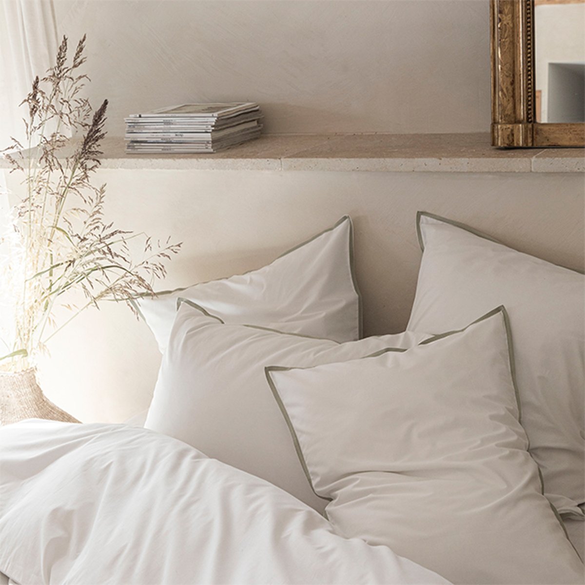 Taie d'oreiller en percale de coton prestige 120 fils, VOLUPTÉ PURE blanc, lichen, BLANC CERISE