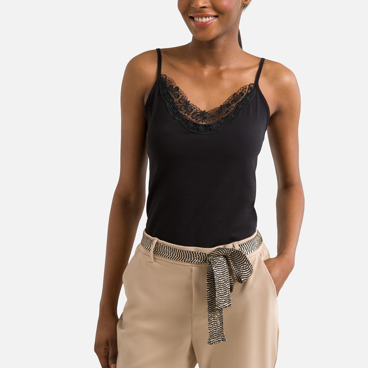 Cotton Vest Top with Lace Trim black, VERO MODA
