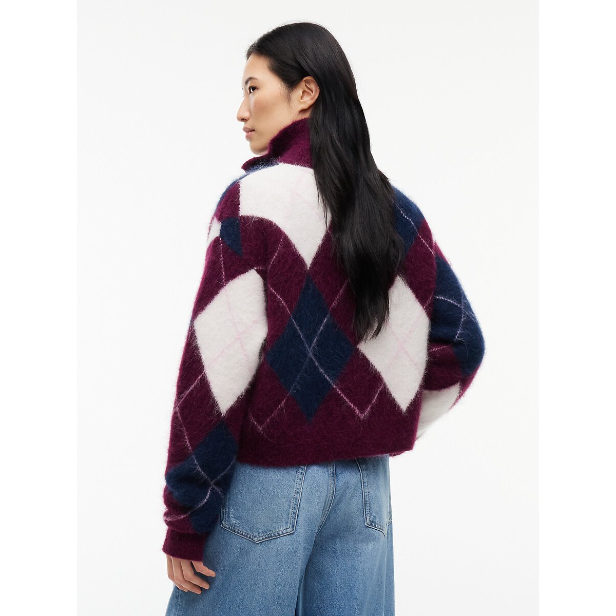 Pull jacquard col montant zippé bordeaux, TOMMY JEANS