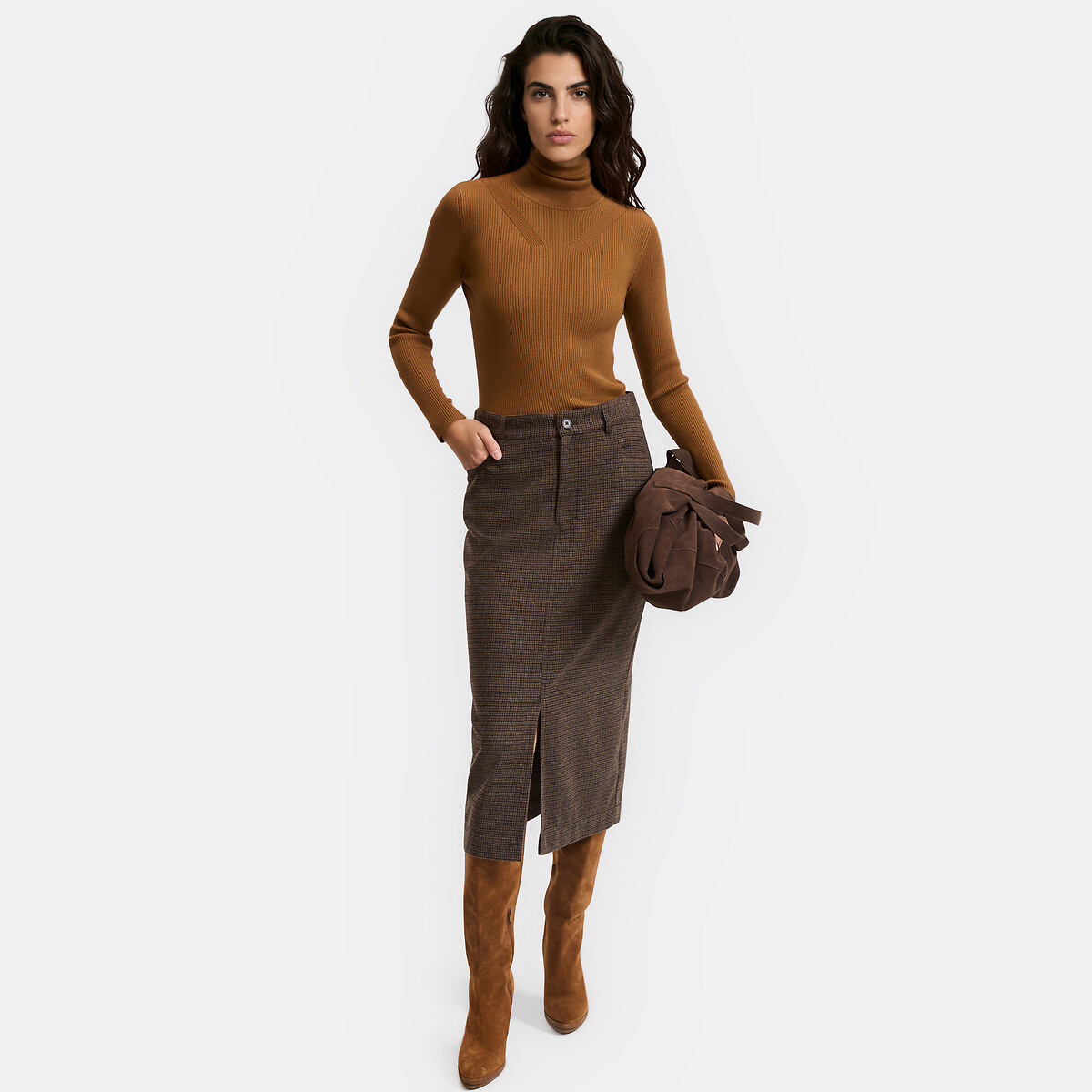 Checked Midi Pencil Skirt brown checks, LA REDOUTE COLLECTIONS