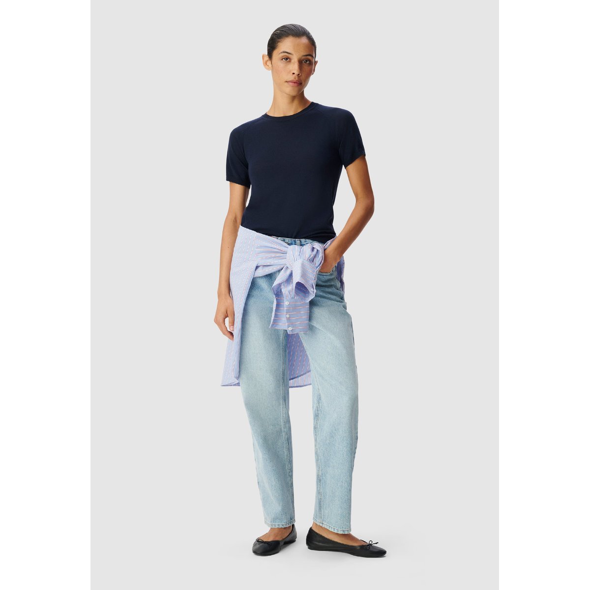 Pull manches courtes tricot en laine bleu marine, IKKS