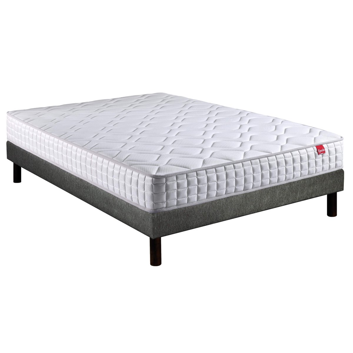 Ensemble matelas ressorts ensachés DISTINCT 2, sommier UNIC gris et pieds blanc, EPEDA