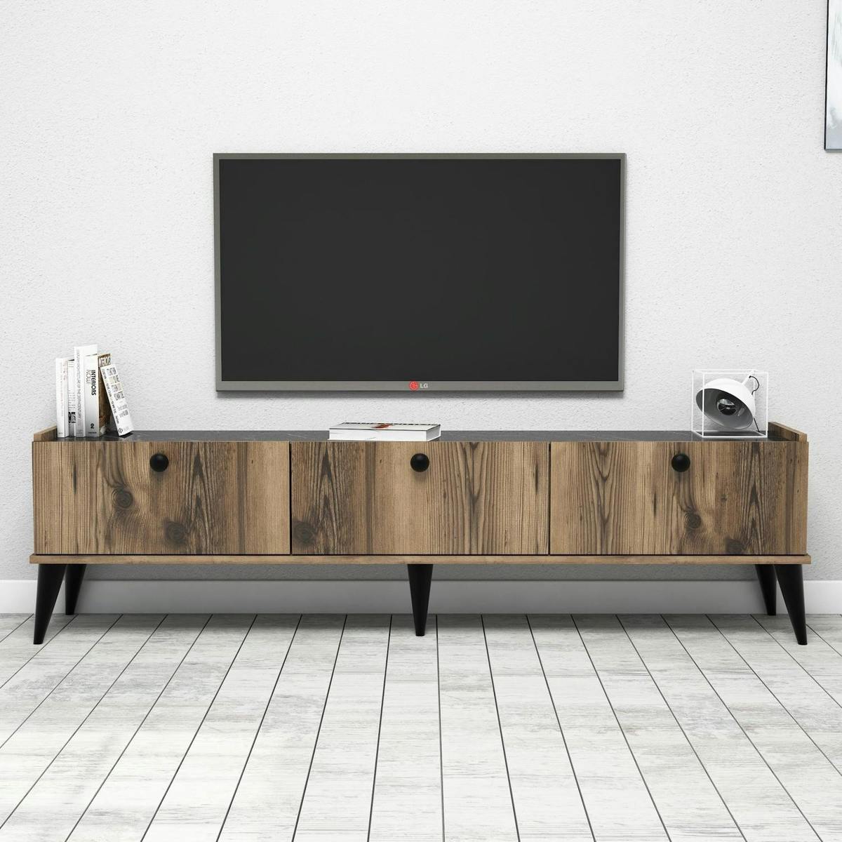 Meuble TV vintage 3 portes décor bois foncé et marbre UMEA marron, PIER IMPORT