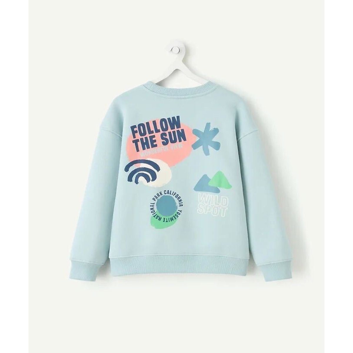 Sweat col rond, avec message et motifs graphiques devant et dos, en molleton bleu, TAPE A L'OEIL